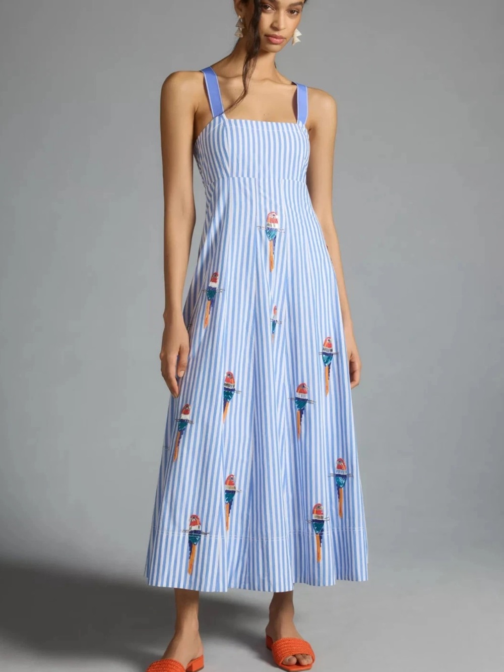 Anthropologie Maeve Parrots Tie-Back A-Line Dress Size 2 US Cotton Striped Maxi - Picture 3 of 12